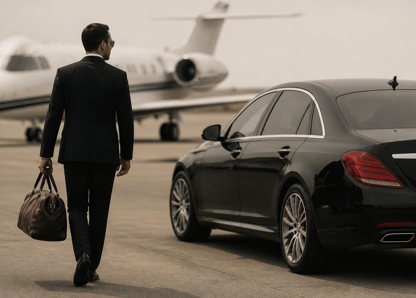 Chauffeur carrying a guest's bag beside a black luxury sedan on an airport apron
