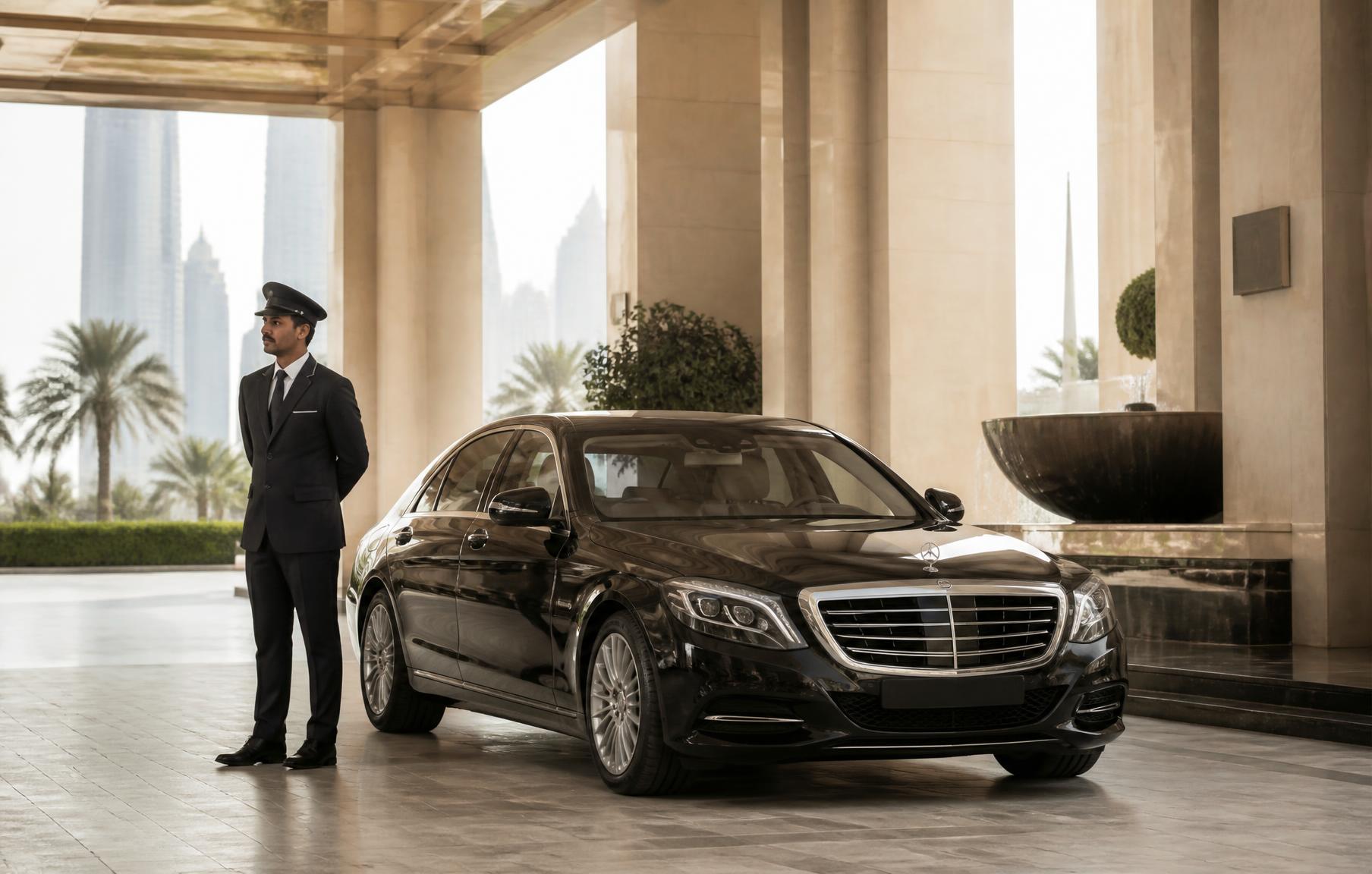 Chauffeur in uniform standing beside a black luxury sedan at the entrance of a five-star Dubai hotel
