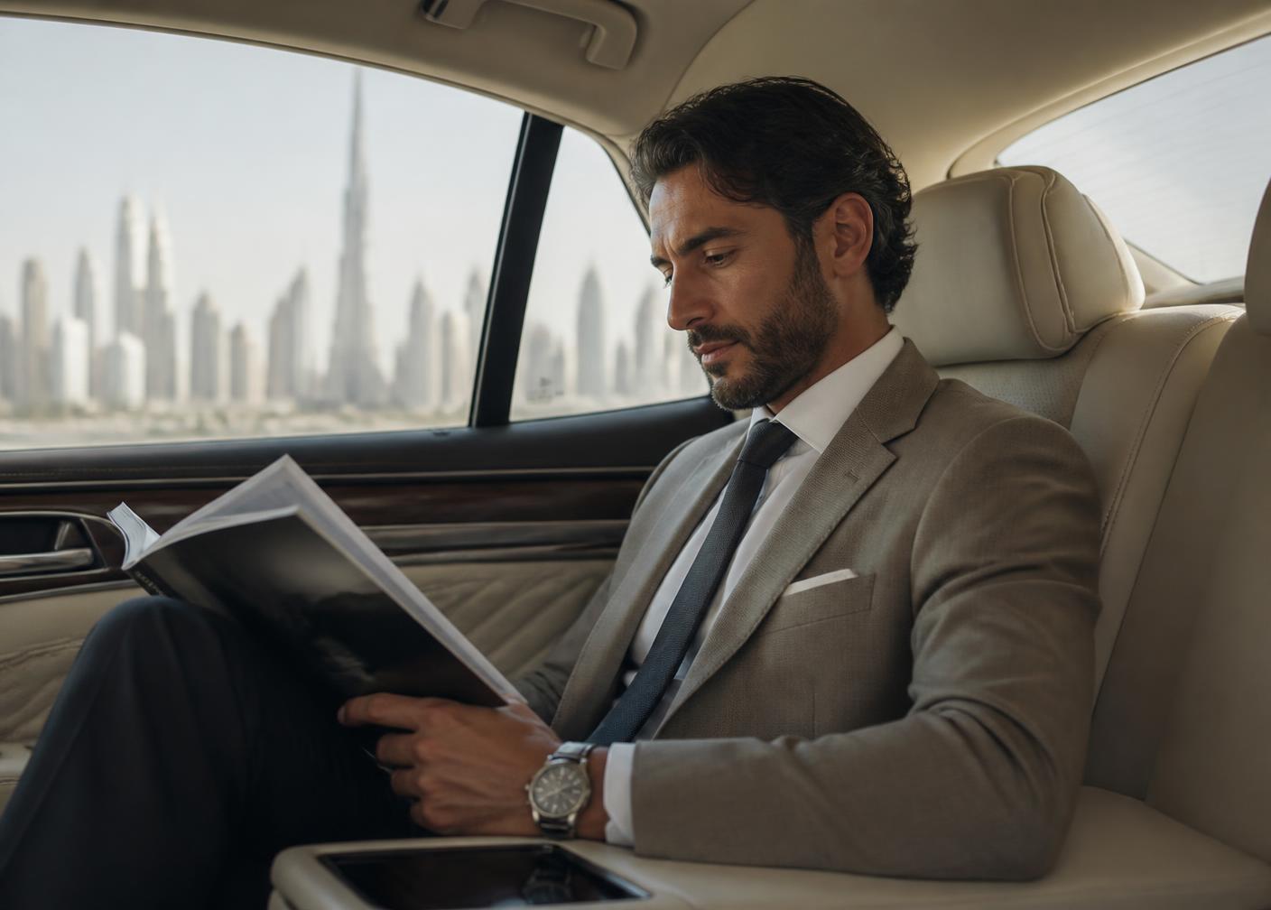 Business passenger reading in the rear seat of a chauffeured car with the Dubai skyline outside